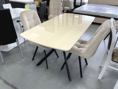 Стол Олимп Стекло 1140 Ваша Мебель (стекло бежевое/мдф бежевый/каркас основание X МУАР чёрный (1140(1460)х760))