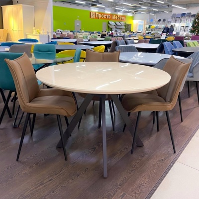 Стол Бахус Стекло 1100 Ваша Мебель (стекло бежевое/мдф беж/каркас основание МУАР коричн (d=1100(1420)) СНЯТ)