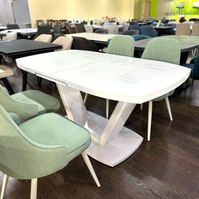 Стол Дионис Стекло 1400 Ваша Мебель (стекло белое, мдф белый, каркас белый, колонна декор №3 V-образный белый (1400/1800*850*750))