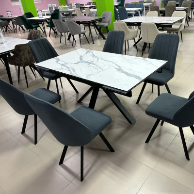 Стол Ривьер Пластик 1400 Ваша Мебель (Пластик компакт 3027 Мрамор белый, мдф+пленка софт черная, каркас муар черный (1400 (2000)х850))