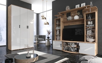 Гостиная Виста Стенка МИФ (Белый глянец холодный, Дуб крафт золото)