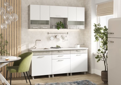 Кухня Денвер 1,8 СТЕНД (Фасад БЕЛЫЙ/Корпус АТЕЛЬЕ СВЕТЛЫЙ (1800х2160х600))