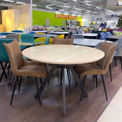 Стол Бахус Стекло 1100 Ваша Мебель (стекло бежевое/мдф беж/каркас основание МУАР беж (d=1100(1420)) СНЯТ)