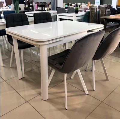 Стол Одиссей Стекло 1100 Ваша Мебель (Стекло белое, ЛДСП белый, каркас белый+Опора №7 радиус 55*55 белый (1100(1700)х740))