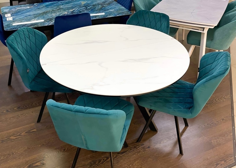 Стол Бахус Керамика 1000 Ваша Мебель (керамика 23ВG Oriental Aoxue мрамор белый глянец, мдф+пленка черный,каркас МУАР черный (d=1000(1320)))