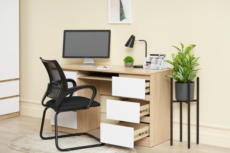 Челси Стол 6 ящиков МИФ (Белый глянец холодный, дуб сонома)