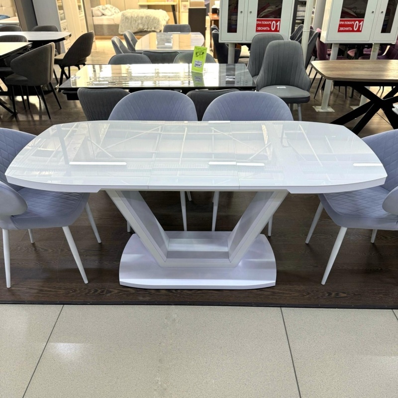 Стол Дионис Стекло 1400 Ваша Мебель (стекло серое, мдф серый, каркас серый, колонна декор №3 V-образный (1400/1800*850*750))