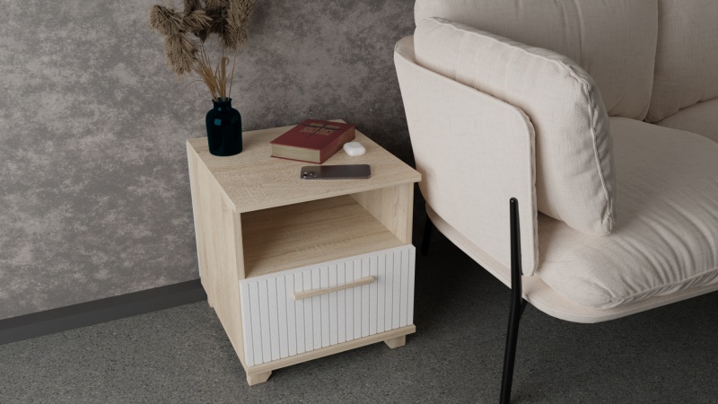 Копенгаген Тумба прикроватная с ящиком (12 СТУЛЬЕВ) (Корпус: ЛДСП Дуб Сонома, Фасад: МДФ Белый мат)