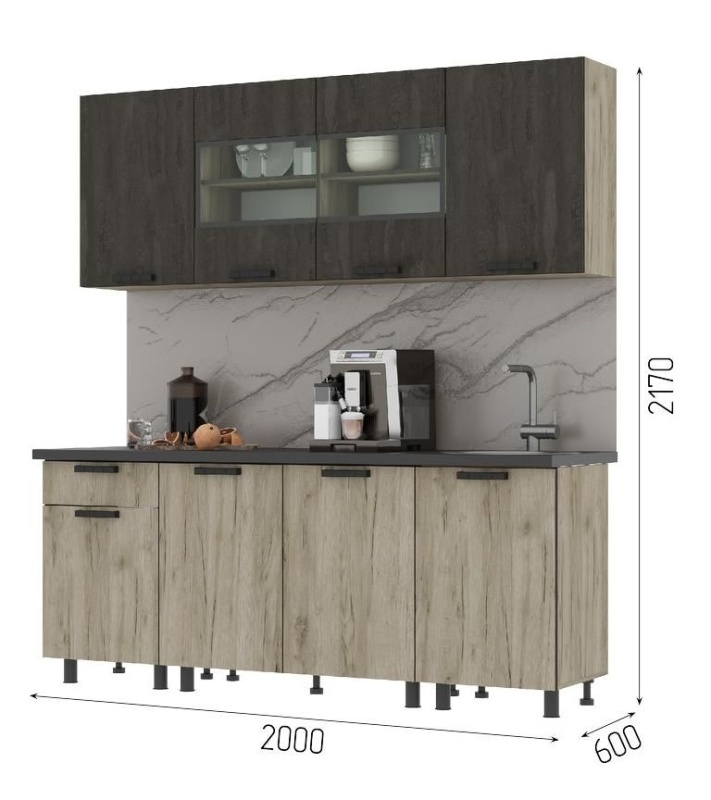 Кухня Эдинбург 2,0 СТЕНД (фасад ЖЕЛЕЗНЫЙ КАМЕНЬ/корпус ДУБ КРАФТ СЕРЫЙ (2,000Х2,160Х0,600))