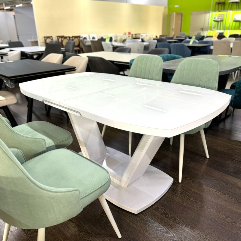 Стол Дионис Стекло 1600 Ваша Мебель (Стекло белое, мдф белый, каркас белый, колонна декор №3 V-образный белый (1600/2000*900*750))