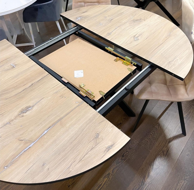 Стол Бахус Пластик 1200 Ваша Мебель (пластик компакт 2052 дуб вотан, мдф черный, каркас основание черное (d=1200(1600)))