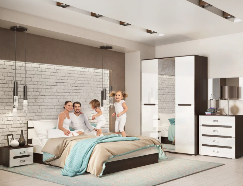 Спальный гарнитур Ким Кровать 1,4м МИФ (Белый глянец холодный, венге)