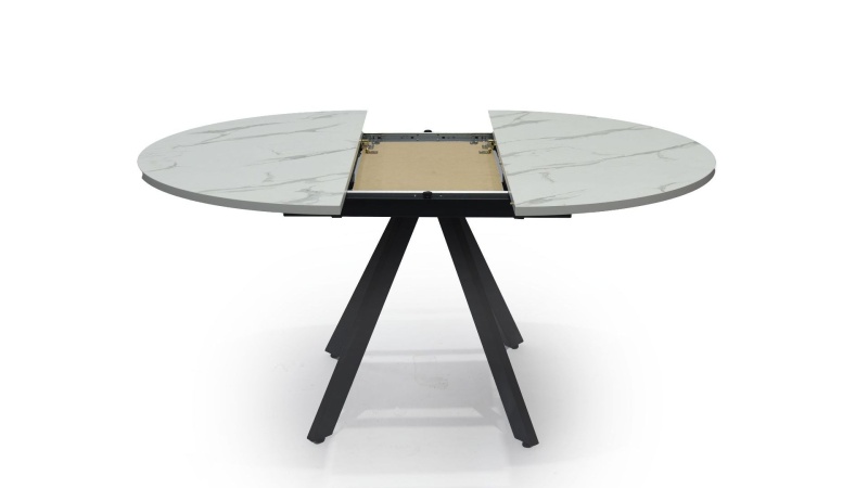 Стол Бахус Керамика 1200 Ваша Мебель (Керамика ДГ-3 мрамор белый, мдф+пленка черная, опоры муар черные (d=1200(1600)))