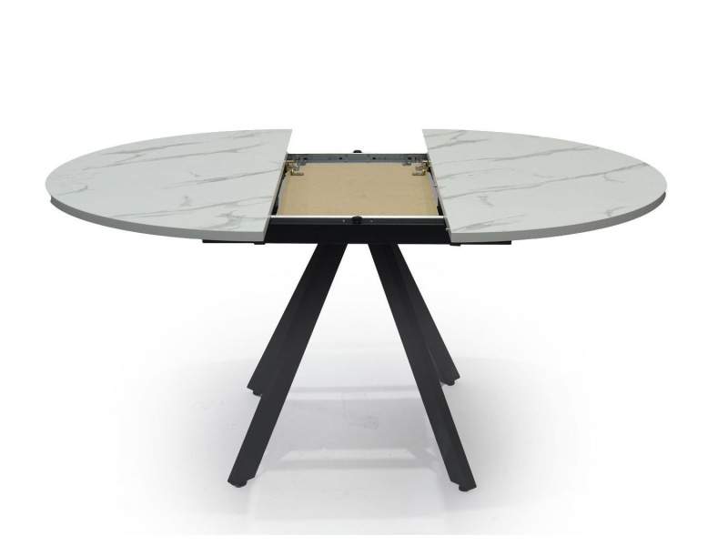 Стол Бахус Керамика 1200 Ваша Мебель (Керамика 07 BG Senades мрамор белый глянец, мдф черный, опоры муар черные (d=1200(1600)))
