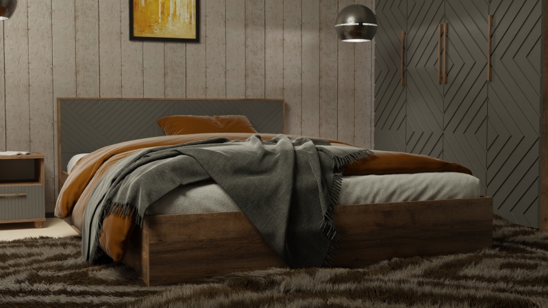 Копенгаген Кровать 1,6 с настилом (12 СТУЛЬЕВ) (Корпус: ЛДСП Дуб Самдал, Фасад: МДФ Серый графит)