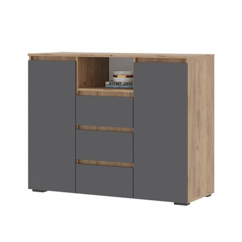 Хелен КМ 01 Комод 1202 СТЕНД (фасад СЕРЫЙ ГРАФИТ 0162/корпус ДУБ КРАФТ ЗОЛОТО)