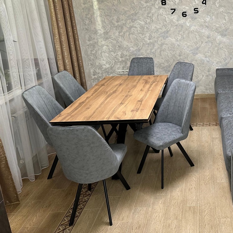 Стол Ривьер Пластик 1600 Ваша Мебель (Пластик компакт 2052 Дуб Вотан, МДФ+пленка черная, каркас муар черный (1600 (2200)х900))