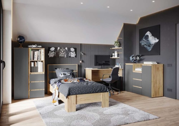 Хелен/Люмо ШК 03 Шкаф СТЕНД/ТВД (фасад СЕРЫЙ ГРАФИТ 0162/корпус ДУБ КРАФТ ЗОЛОТО)