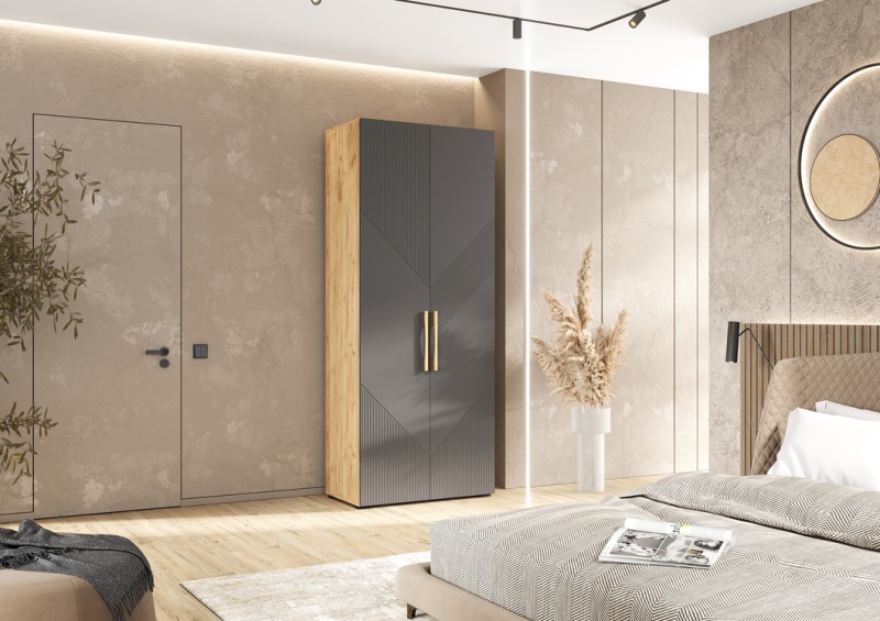 Ирис Шкаф 2-х ств.(900) МИФ (Браш Графит, Дуб Крафт золото)