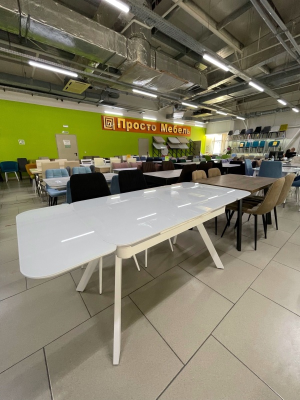 Стол Кронос Стекло 1400 Ваша Мебель (стекло белое, МДФ белый, каркас белый+Опора №10 муар белый (1400(2200)х850) СНЯТ)