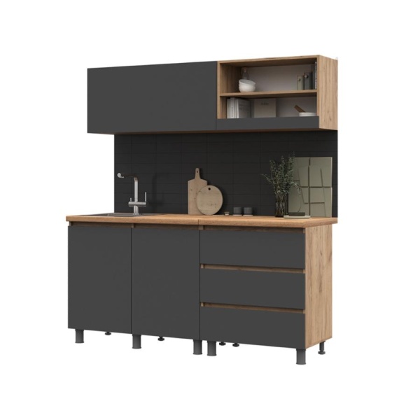 Кухня Хелен/Люмо 1,7 СТЕНД/ТВД (фасад СЕРЫЙ ГРАФИТ 0162/корпус ДУБ КРАФТ ЗОЛОТО)