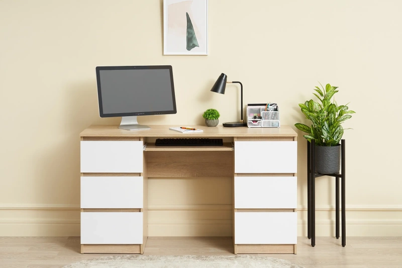 Челси Стол 6 ящиков МИФ (Белый глянец холодный, дуб сонома)