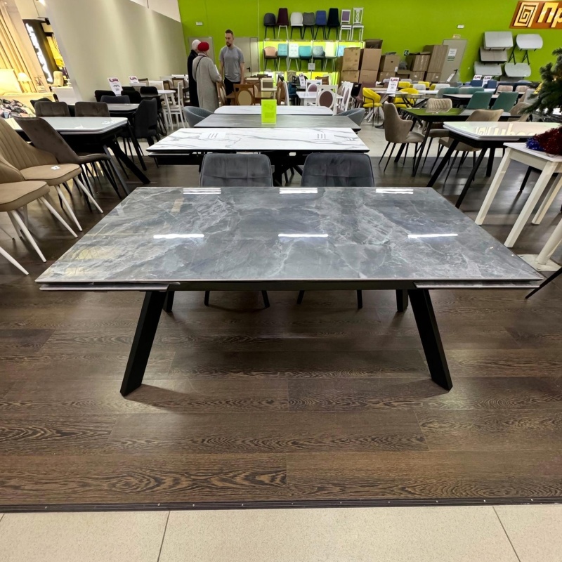 Стол Атлант Керамика 1400 Ваша Мебель (керамика ДГ-2 Мрамор черный осн.муар+Основание "Л"Н=670 МУАР черный (1400(2200)х850) СНЯТ)