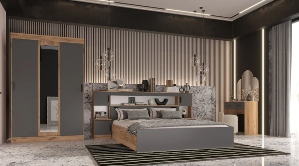 Бася Комод 3 ящика МИФ (Графит/Дуб крафт золото)