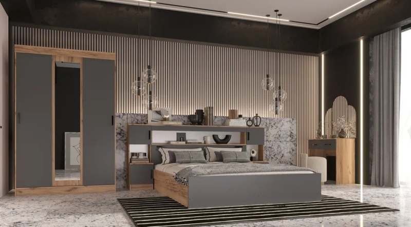 Бася Комод 3 ящика МИФ (Графит/Дуб крафт золото)