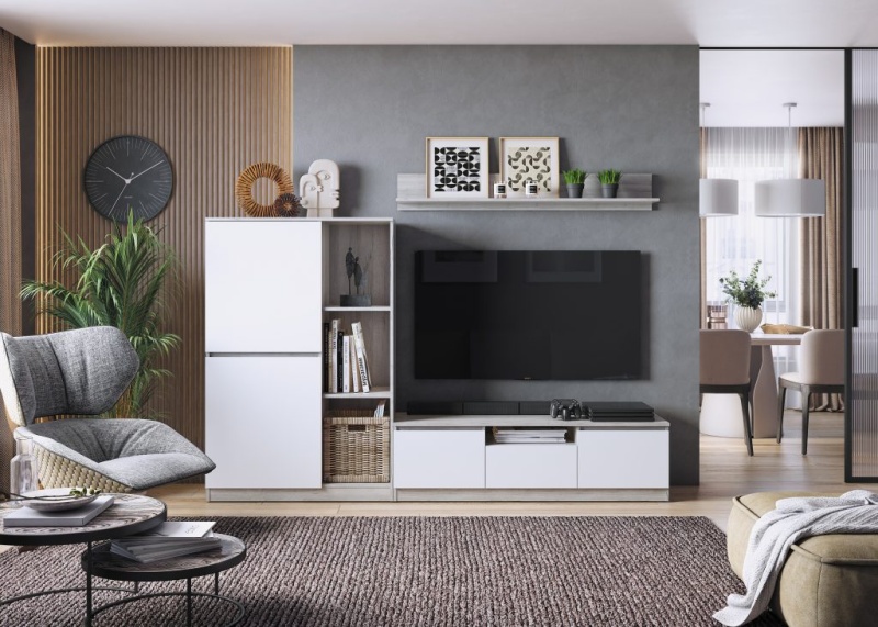 Гостиная Лори Тумба под ТВ с 1 ящиком и 2 дверцами МЛЕК (Дуб серый/Белый(1400*408*450))