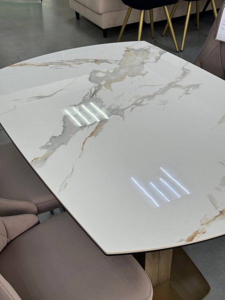 Стол Турин 2 Керамика (CDT-6004-66) КНР (Столешница Белый мрамор глянец, опоры бронза. Вращающийся обеденный стол. Столешница керамика 6 мм, стекло 6мм (1300(1900)*900*760))