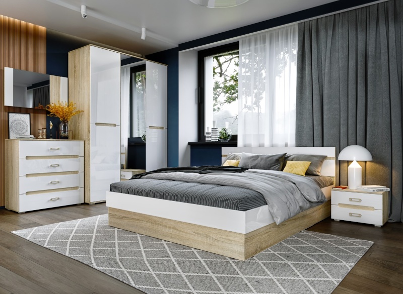 Спальный гарнитур Ким Кровать с ПМ 1,4м МИФ (Белый глянец холодный, сонома)