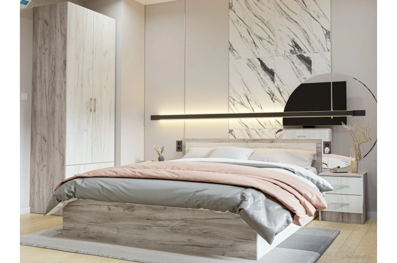 Гармония КР 604 кровать с ящиками 1600 СТЕНД (фасад ДУБ КРАФТ БЕЛЫЙ/корпус ДУБ КРАФТ СЕРЫЙ (1,652х0,78х2,032))