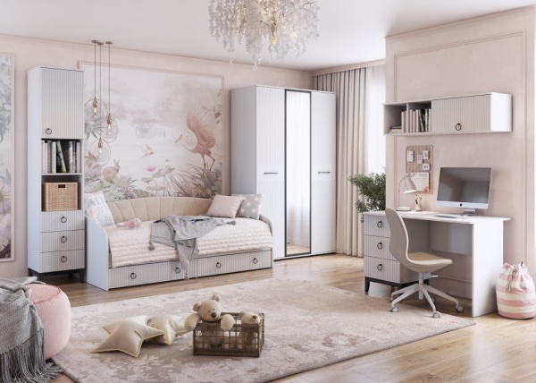 Спальный гарнитур Шарлиз Кровать-софа с ящиками МЛЕК (Белое сияние/Белый снег софт/бренди лайт 03)