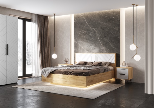 Спальный гарнитур Флэш Кровать парящая 1,6м с ПМ МИФ (Браш Вайт, Дуб Крафт золото)