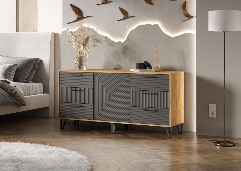 Спальный гарнитур Флэш Комод (1500) МИФ (Браш Графит, Дуб Крафт золото)