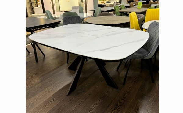 Стол Лоренцо Керамика 1100 Ваша Мебель (Керамика ДГ-4 мрамор серый, мдф+пленка черная, каркас муар черный+основание Лоренцо (1100(1420)х1100))