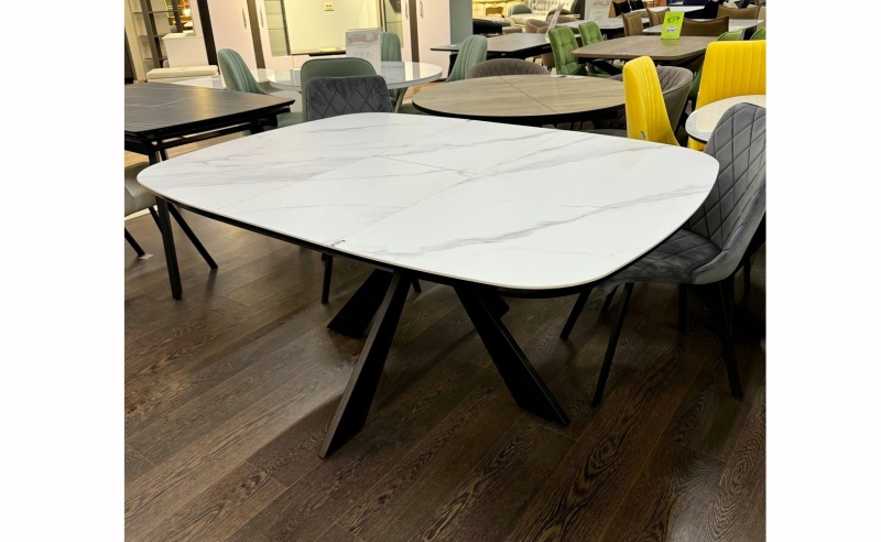 Стол Лоренцо Керамика 1100 Ваша Мебель (Керамика ДГ-1 мрамор белый, мдф+пленка черная, каркас муар черный+основание Лоренцо (1100(1420)х1100))