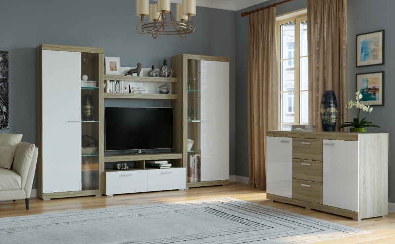 Гостиная Соната ШВС-800: Шкаф-витрина ПАМИР (Сонома-Белый глянец)