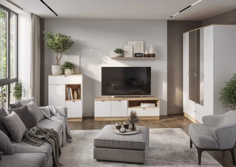 Юкки КМ 800 Комод 1 ящик СТЕНД (фасад БЕЛЫЙ/корпус ДУБ ДЕЛАНО (800*1118*450))