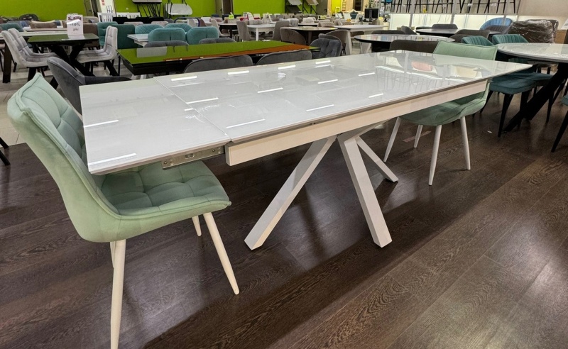 Стол Ривьер Стекло 1600 Ваша Мебель (Стекло белое, мдф+пленка белая, каркас муар белый (1600 (2200)х900))