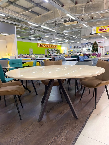 Стол Бахус Стекло 1100 Ваша Мебель (стекло бежевое/мдф беж/каркас основание МУАР беж (d=1100(1420)) СНЯТ)