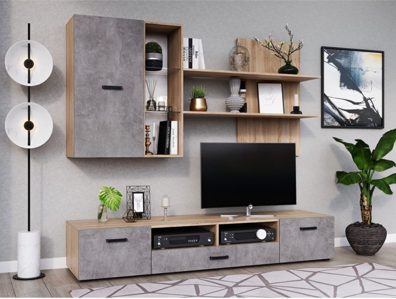 Гостиная Нэнси New Шкаф навесной с полкой (ЛДСП) МИФ (Бетон светлый/Сонома)