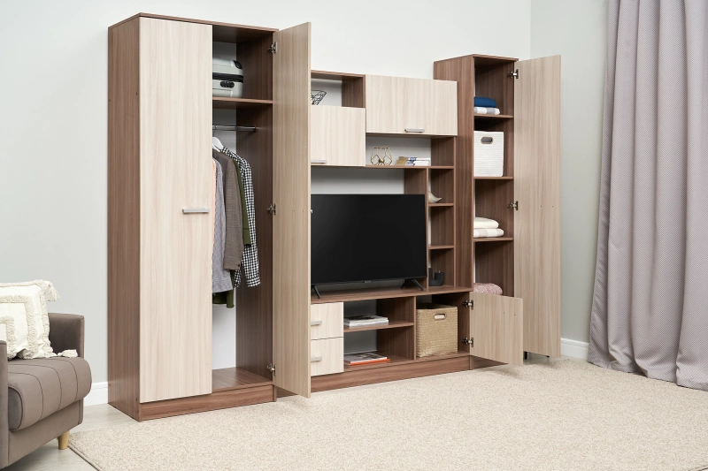 Гостиная Марта - М СТЕНД (фасад ШИМО СВЕТЛЫЙ/корпус ШИМО ТЕМНЫЙ (2700*2124*468/ТВ 936*812))