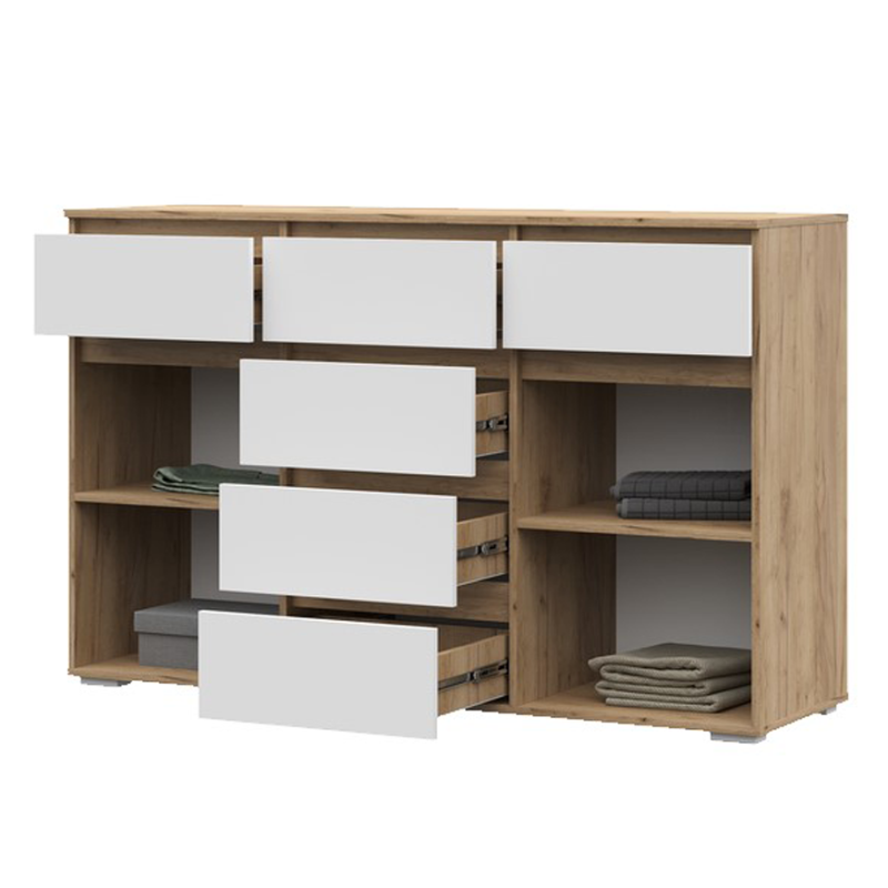 Хелен/Люмо КМ 05 Комод 6 ящиков СТЕНД/ТВД (фасад БЕЛЫЙ/корпус ДУБ КРАФТ ЗОЛОТОЙ (1502*958*460))