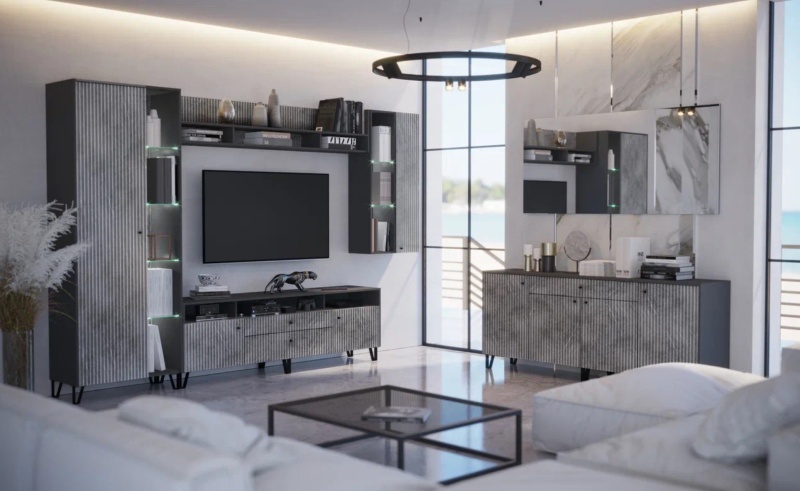 Гостиная Оливия Шкаф МДФ МИФ (Графит, Мрамор Глянец)