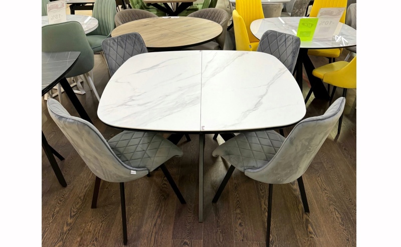 Стол Лоренцо Керамика 1100 Ваша Мебель (Керамика ДГ-1 мрамор белый, мдф+пленка черная, каркас муар черный+основание Лоренцо (1100(1420)х1100))