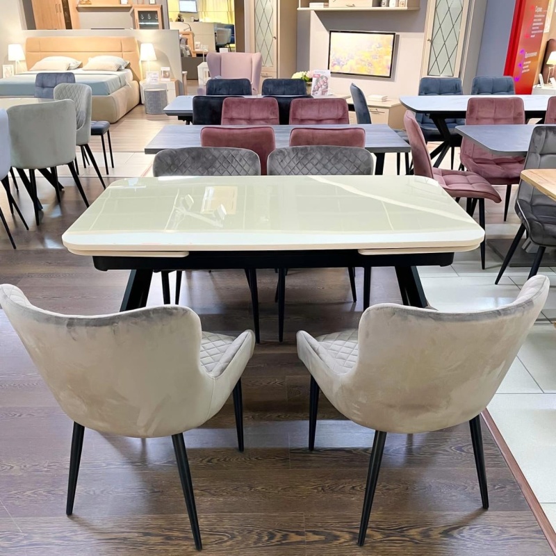 Стол Кронос Стекло 1400 Ваша Мебель (стекло бежевое, МДФ бежевый, каркас муар черный+Опора №12 черная (1400(2200)х850) СНЯТ)