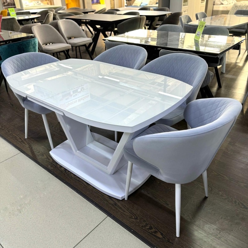 Стол Дионис Стекло 1400 Ваша Мебель (стекло серое, мдф серый, каркас серый, колонна декор №3 V-образный (1400/1800*850*750))