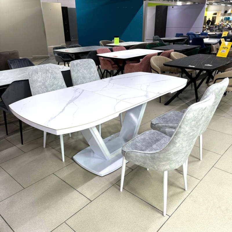 Стол Дионис Керамика 1600 Ваша Мебель (Керамика ДГ-3 Мрамор белый, мдф белый, колонна декор №3 V-образное белый (1600/2000*900*750))